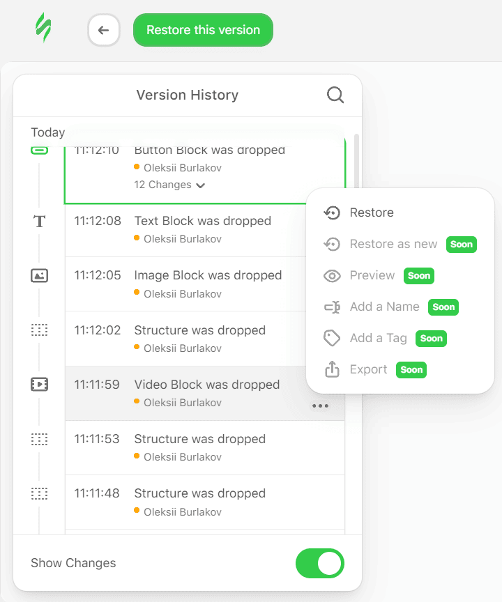 Settings in Version History Settings in Version History