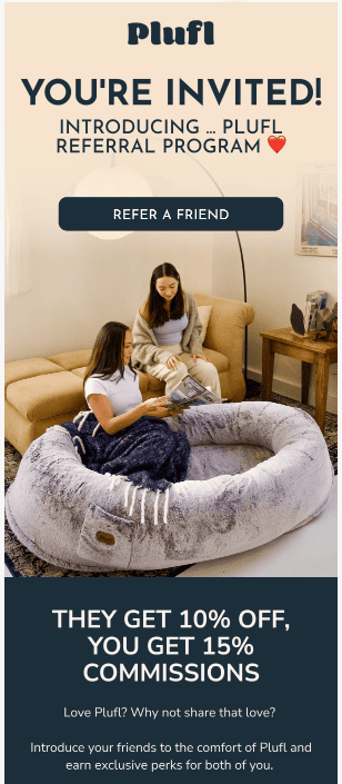 Eine E-Mail von Plufl zur Empfehlung von Freunden und zum Verdienen von Provisionen Eine E-Mail von Plufl zur Empfehlung von Freunden und zum Verdienen von Provisionen