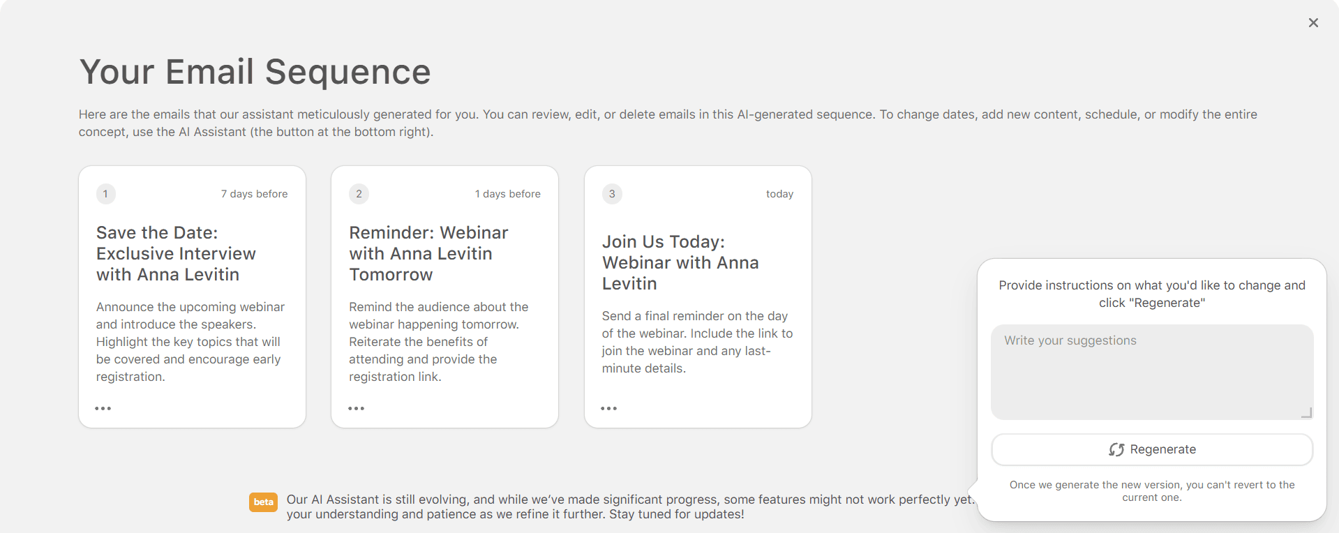 AI assistant email sequence regeneration