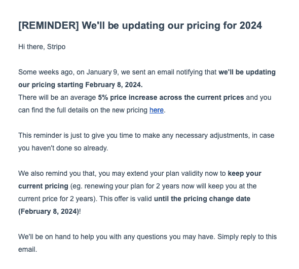 Give advance notice _ Example of a good pricing update email from E-goi