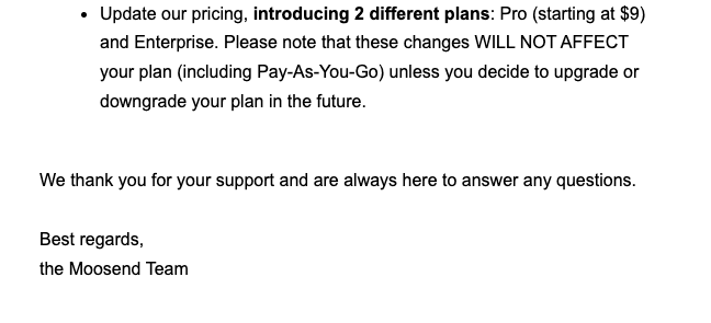 Let existing customers pay their current prices _ An example of a good pricing update email from Moosend