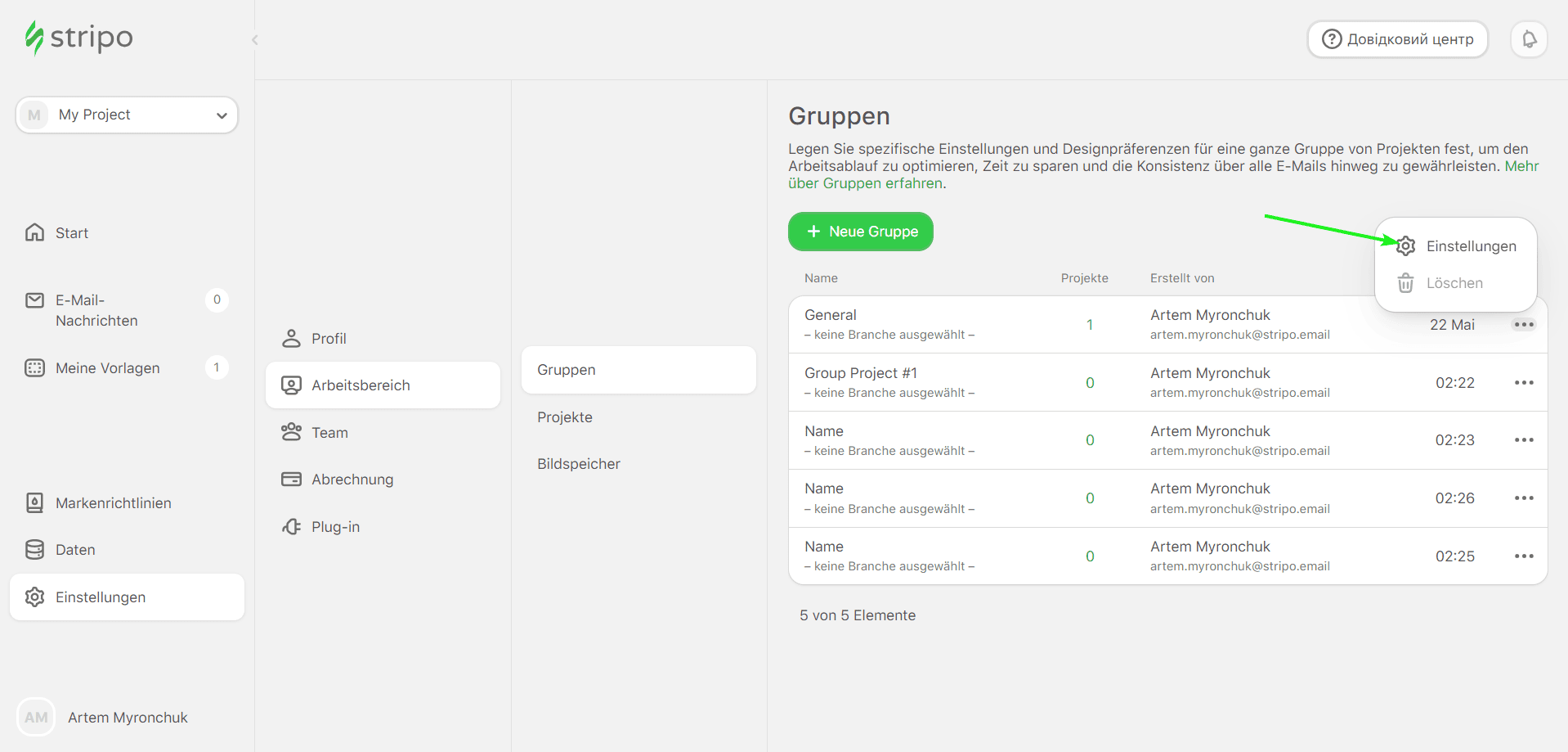 Einstellungen für Arbeitsbereichsgruppen Einstellungen für Arbeitsbereichsgruppen