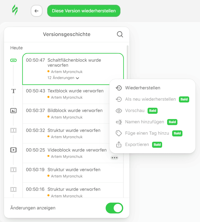 Einstellungen im Versionsverlauf Einstellungen im Versionsverlauf