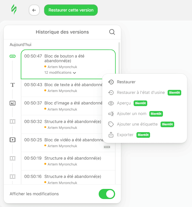 Paramètres dans l'historique des versions Paramètres dans l'historique des versions