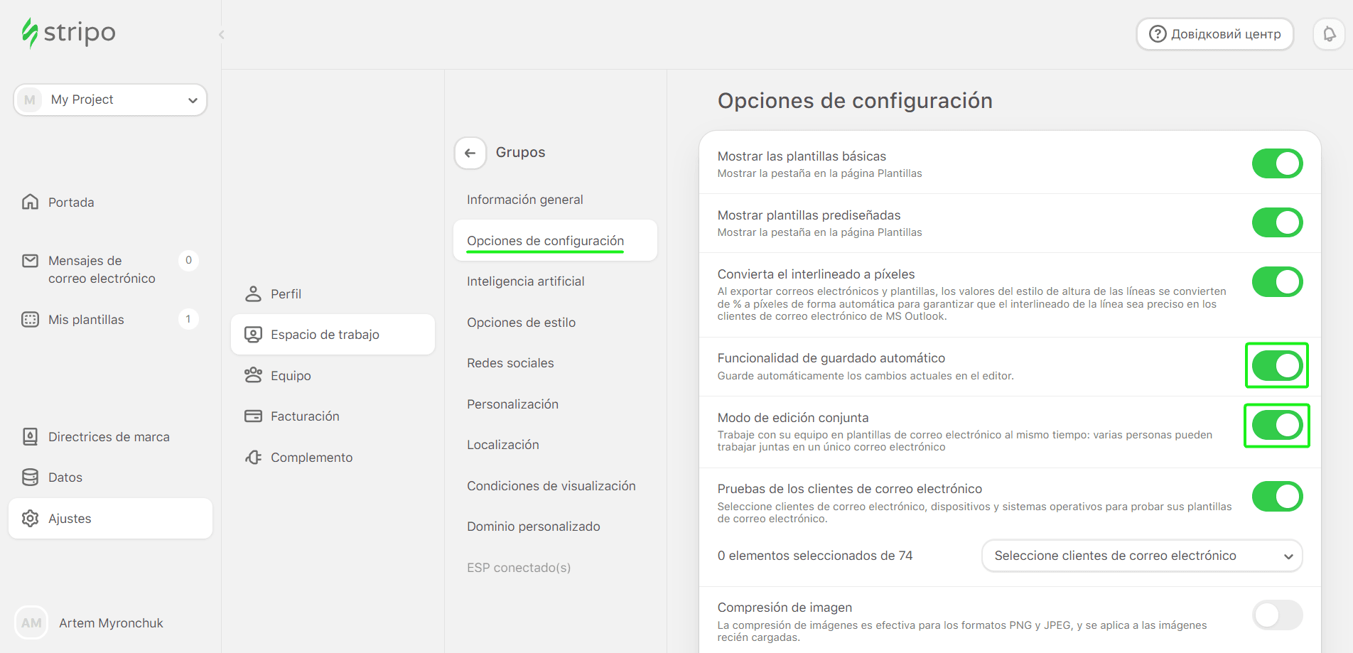 Opción de configuración para Autoguardado y Coedición Opción de configuración para Autoguardado y Coedición