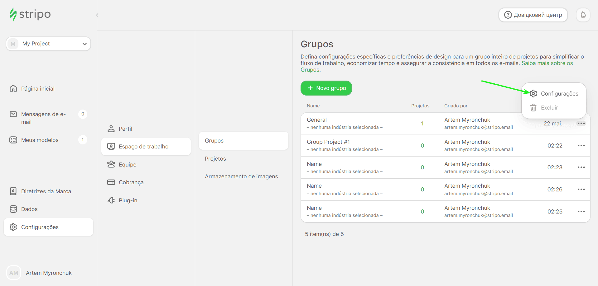 Configura&ccedil;&otilde;es de grupos de espa&ccedil;os de trabalho