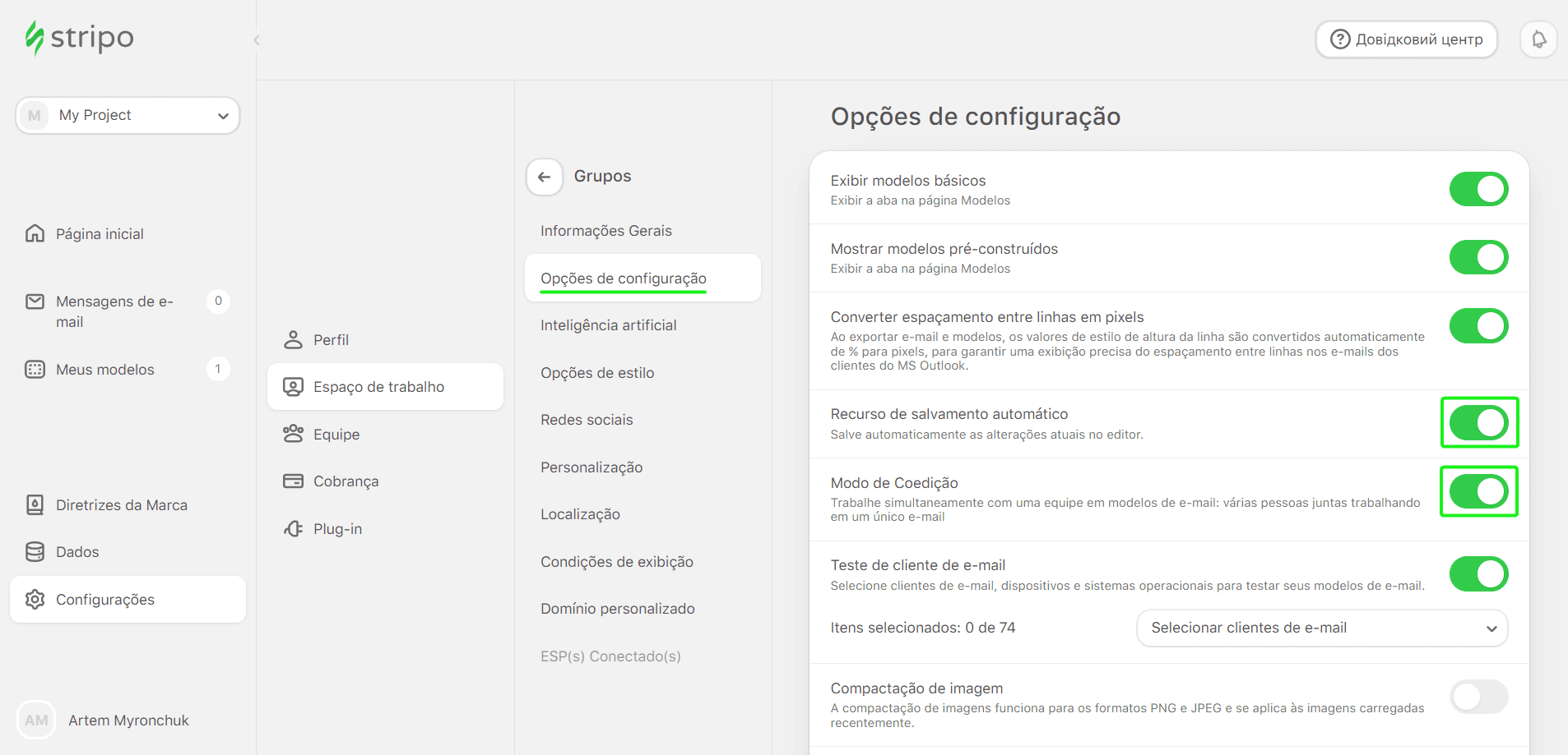 Op&ccedil;&atilde;o de configura&ccedil;&atilde;o para salvamento autom&aacute;tico e edi&ccedil;&atilde;o conjunta