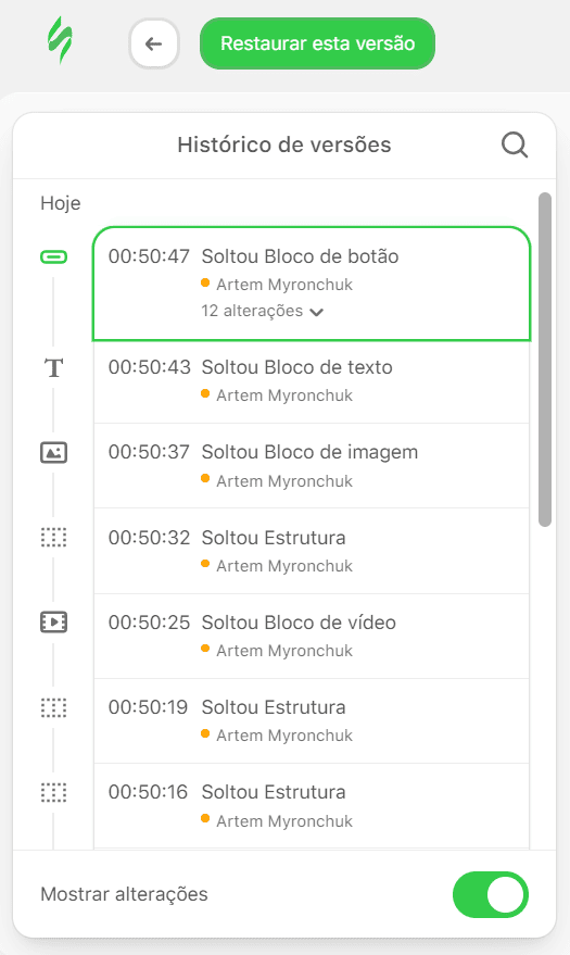 Altera&ccedil;&otilde;es dispon&iacute;veis no hist&oacute;rico de vers&otilde;es