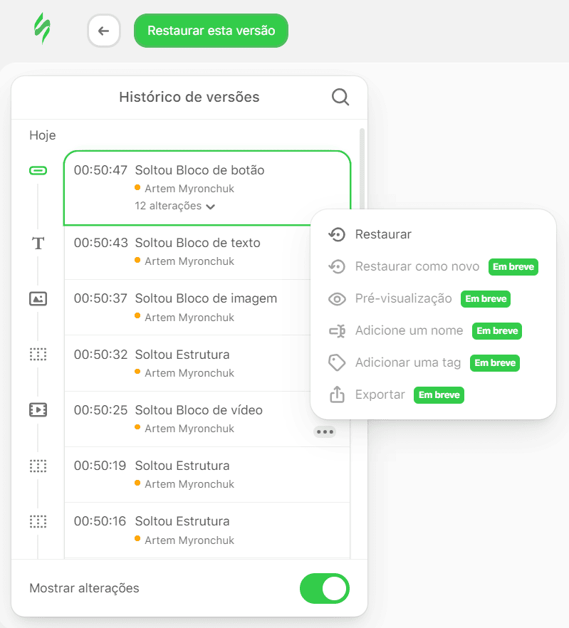 Configura&ccedil;&otilde;es no hist&oacute;rico de vers&otilde;es