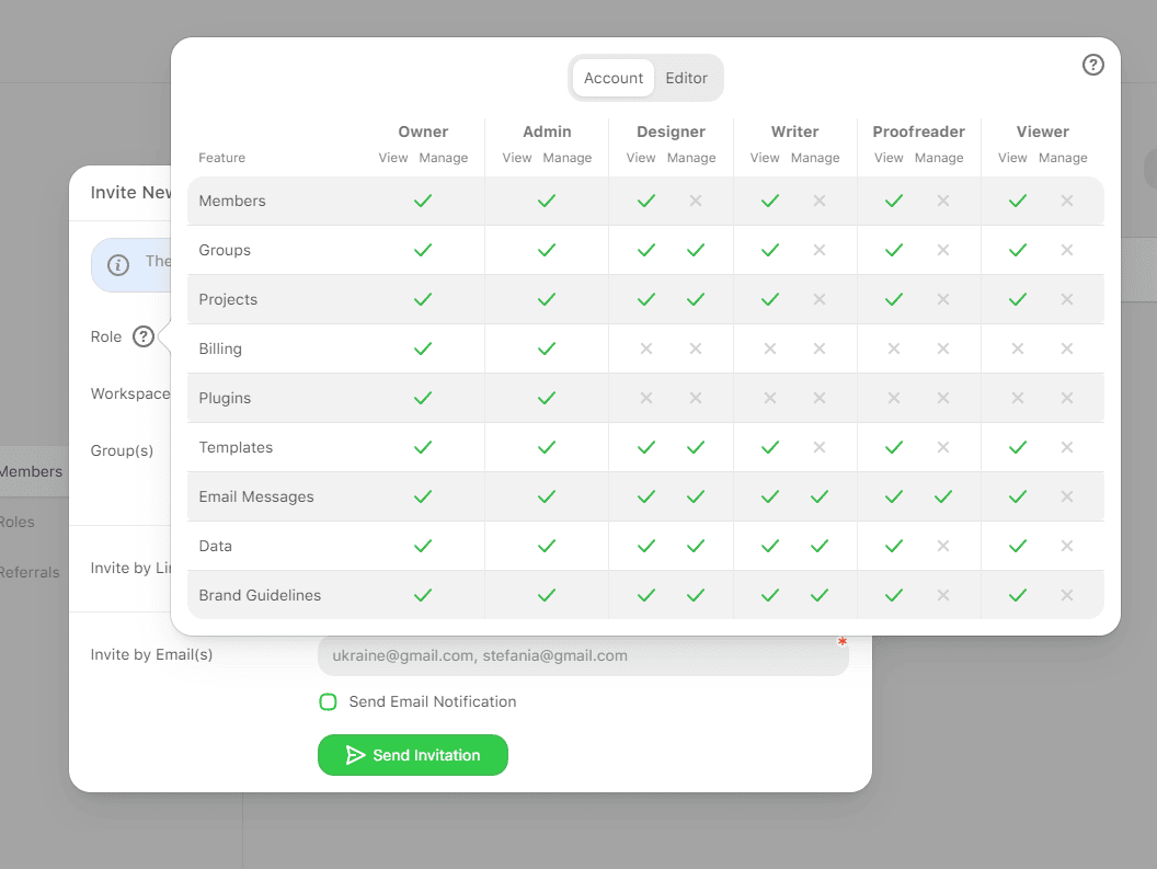 Roles and their access options