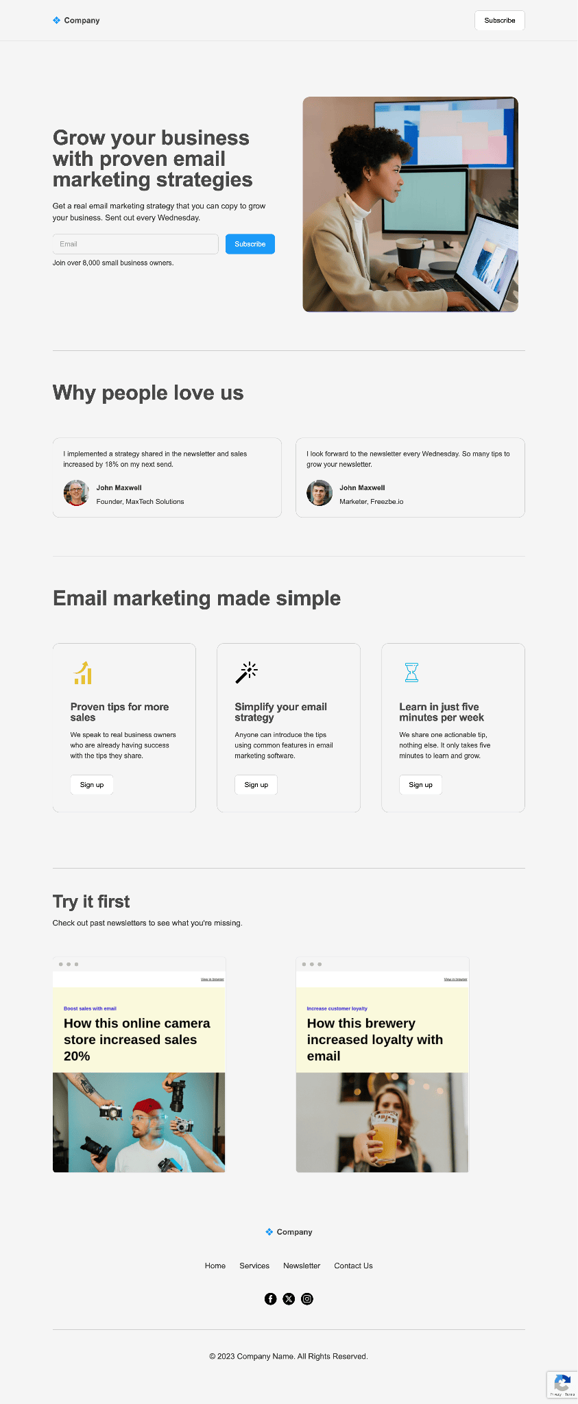 Landing page for a fictional email marketing newsletter Landing page for a fictional email marketing newsletter