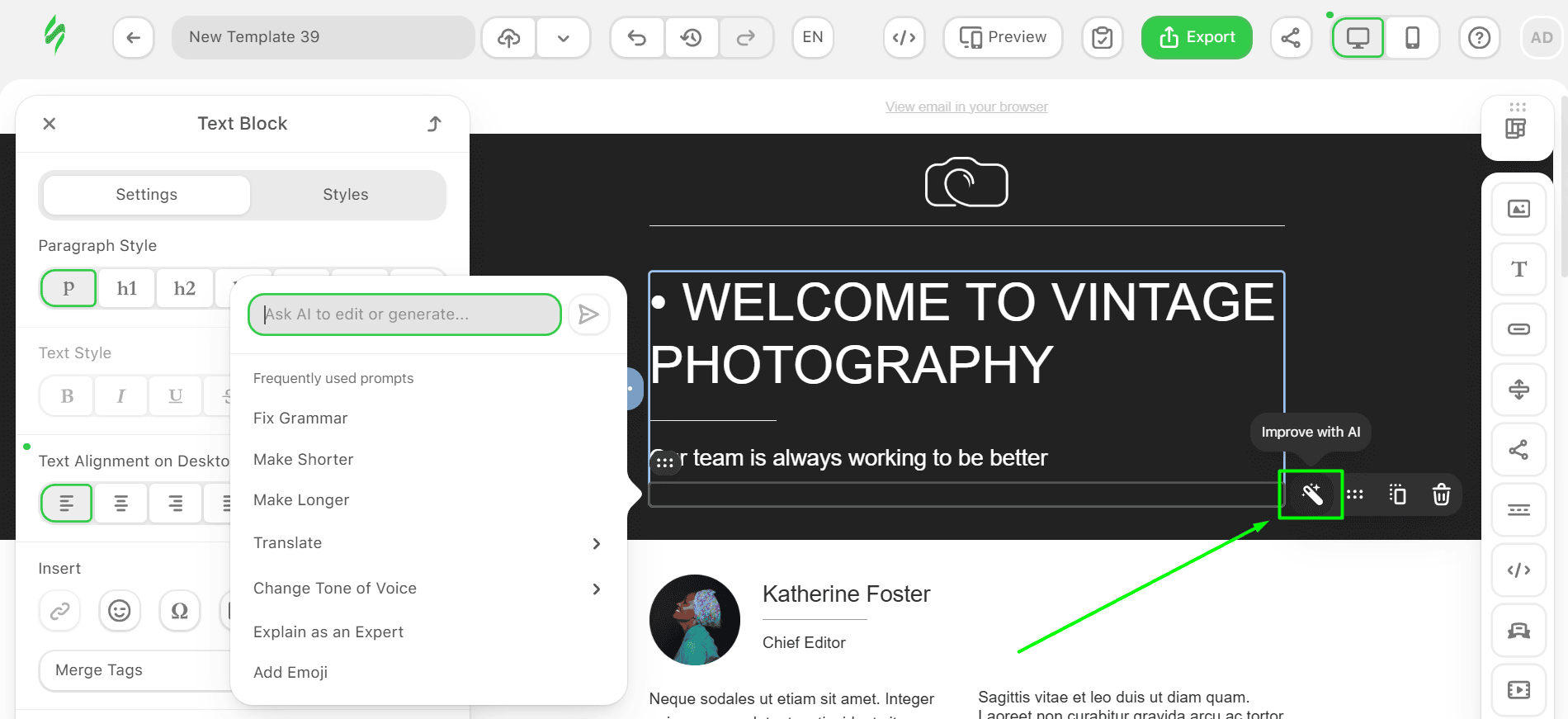 Fonctionnalité IA dans le bloc Texte sur Stripo Fonctionnalité IA dans le bloc Texte sur Stripo