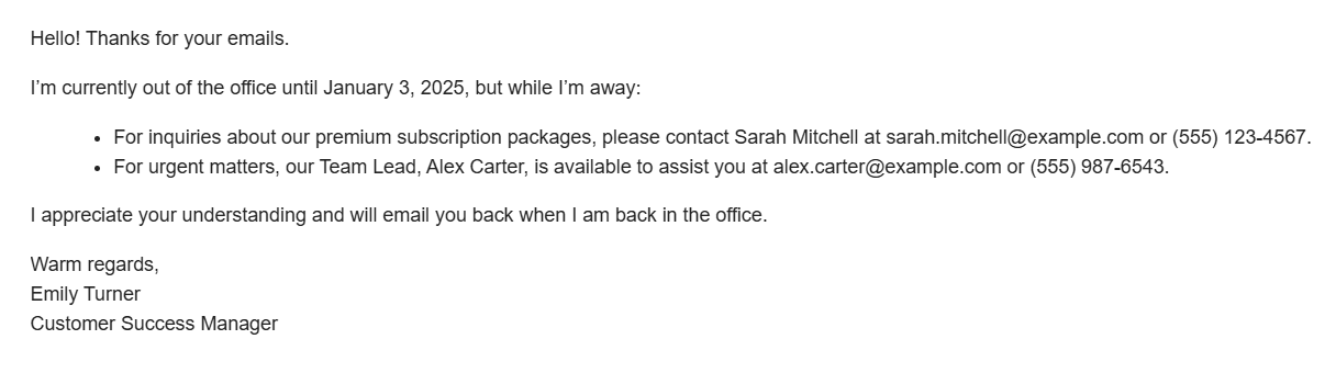 Exemple d'e-mail d'absence orienté client Exemple d'e-mail d'absence orienté client