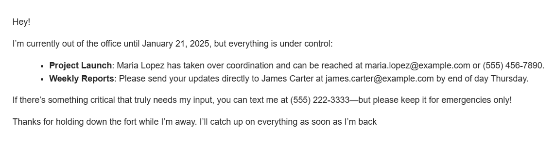 Exemple d'e-mail d'absence orienté équipe Exemple d'e-mail d'absence orienté équipe