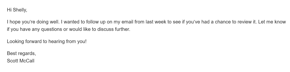 Пример follow-up сообщения, не имеющего особой ценности Пример follow-up сообщения, не имеющего особой ценности