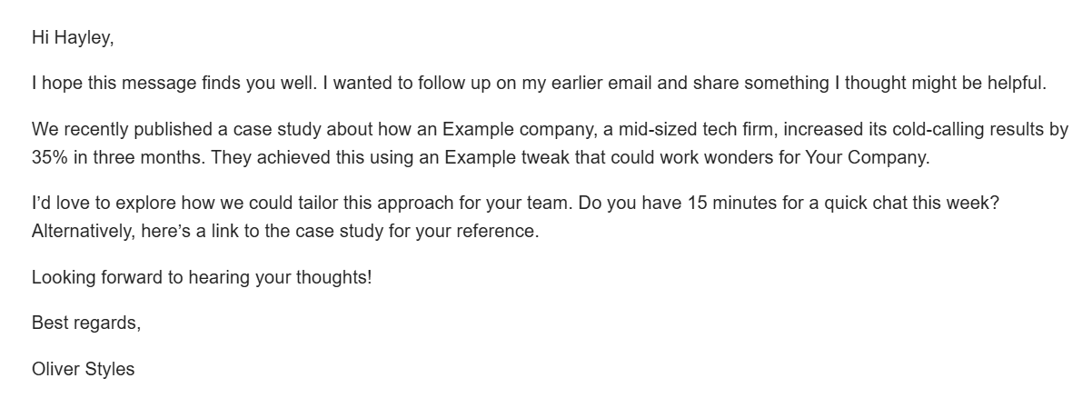 Пример информативного follow-up сообщения Пример информативного follow-up сообщения