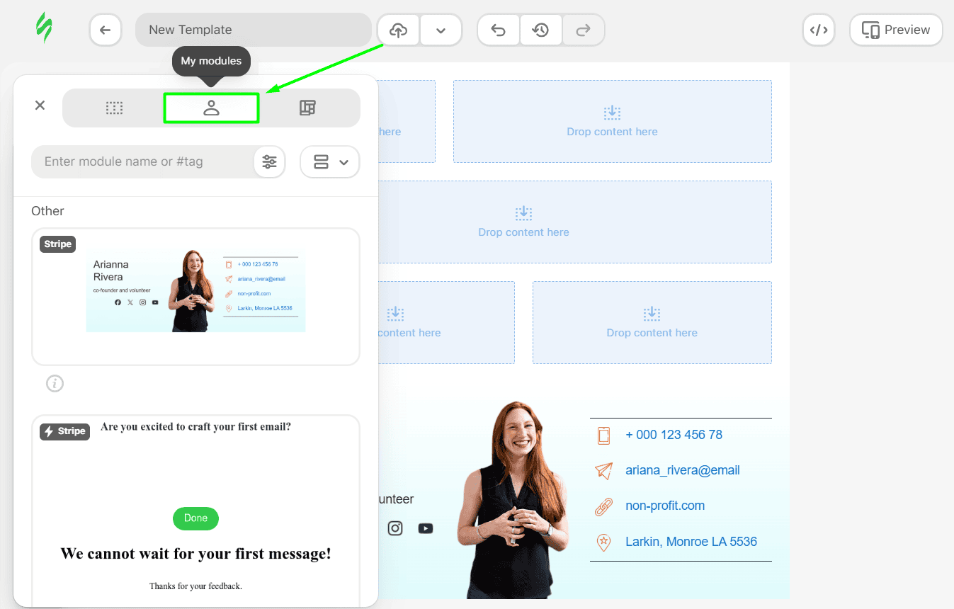 The &ldquo;My Modules&rdquo; section in the template builder
