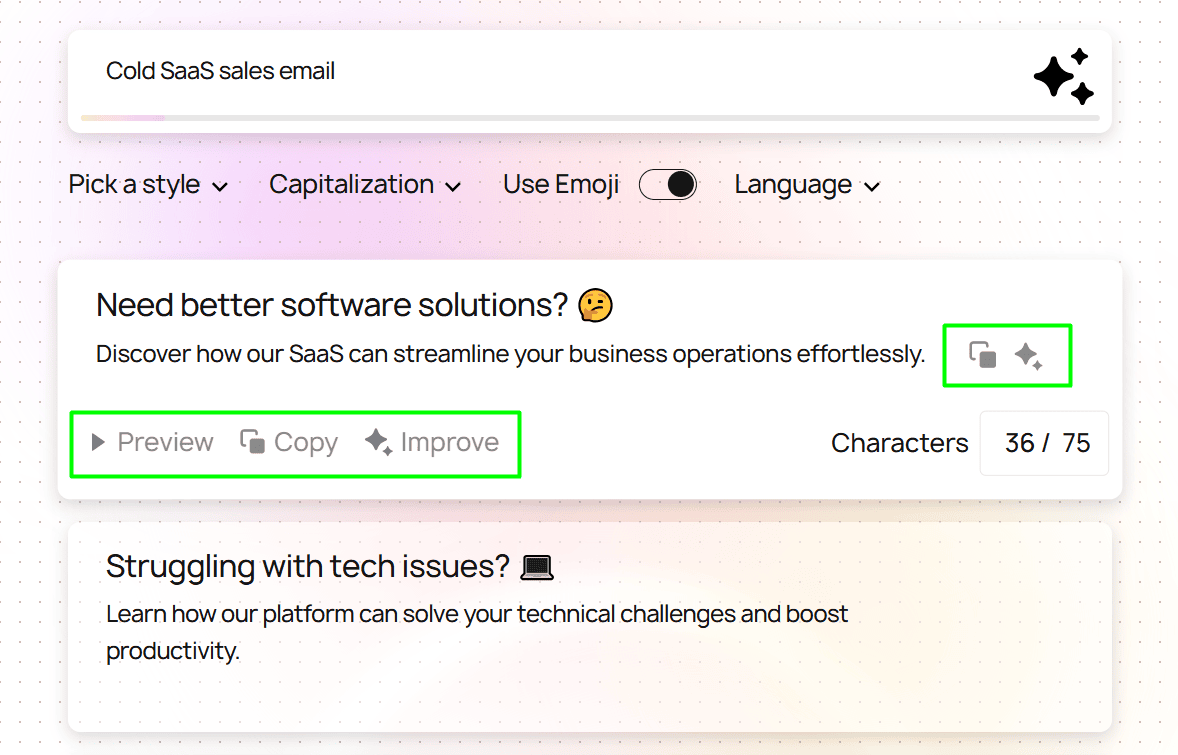 Actions with the generated subject lines