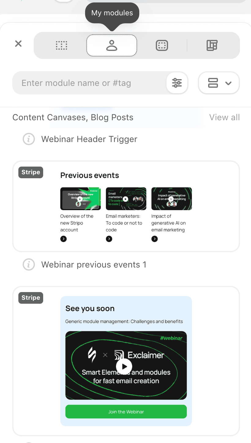 Modules tab in Stripo
