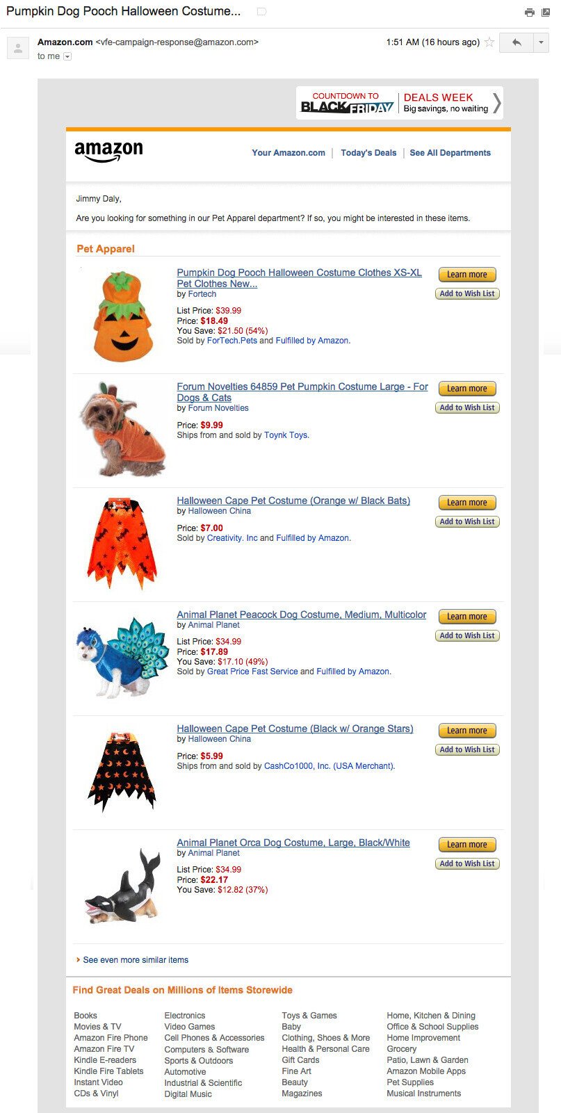 Automated email with recommendations from Amazon