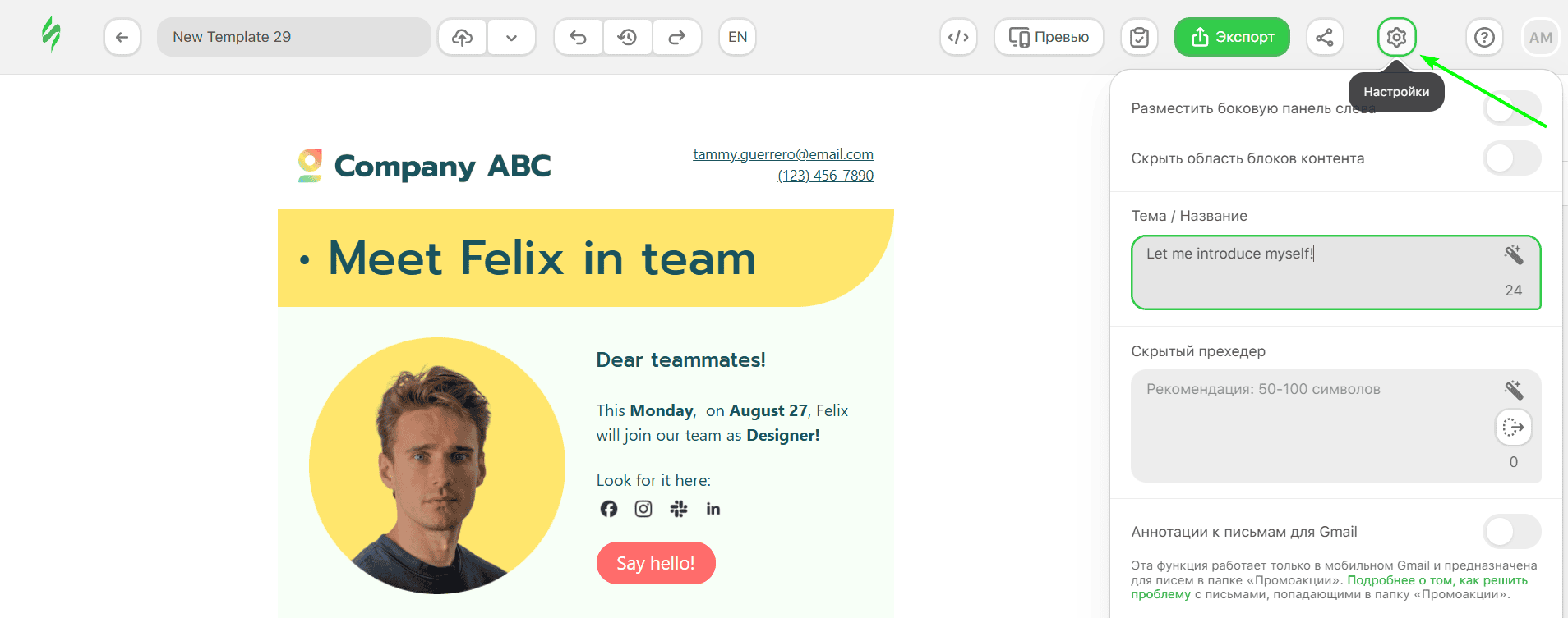 Иконка &laquo;Настройки&raquo; в редакторе шаблонов