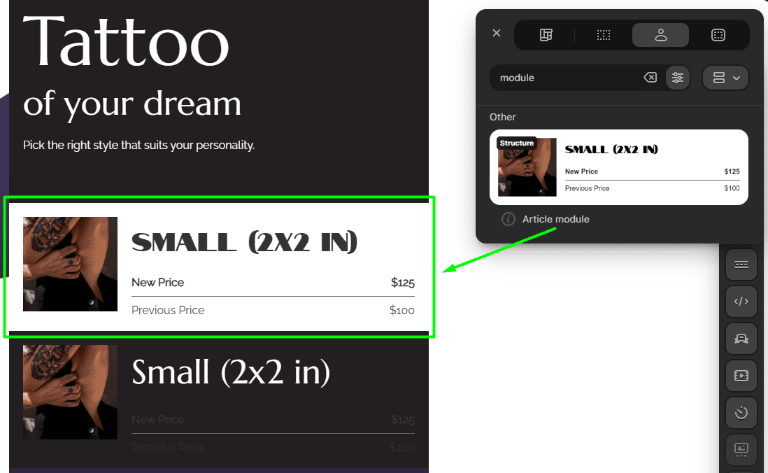 Drag-&lsquo;n-dropped module with unchanged design