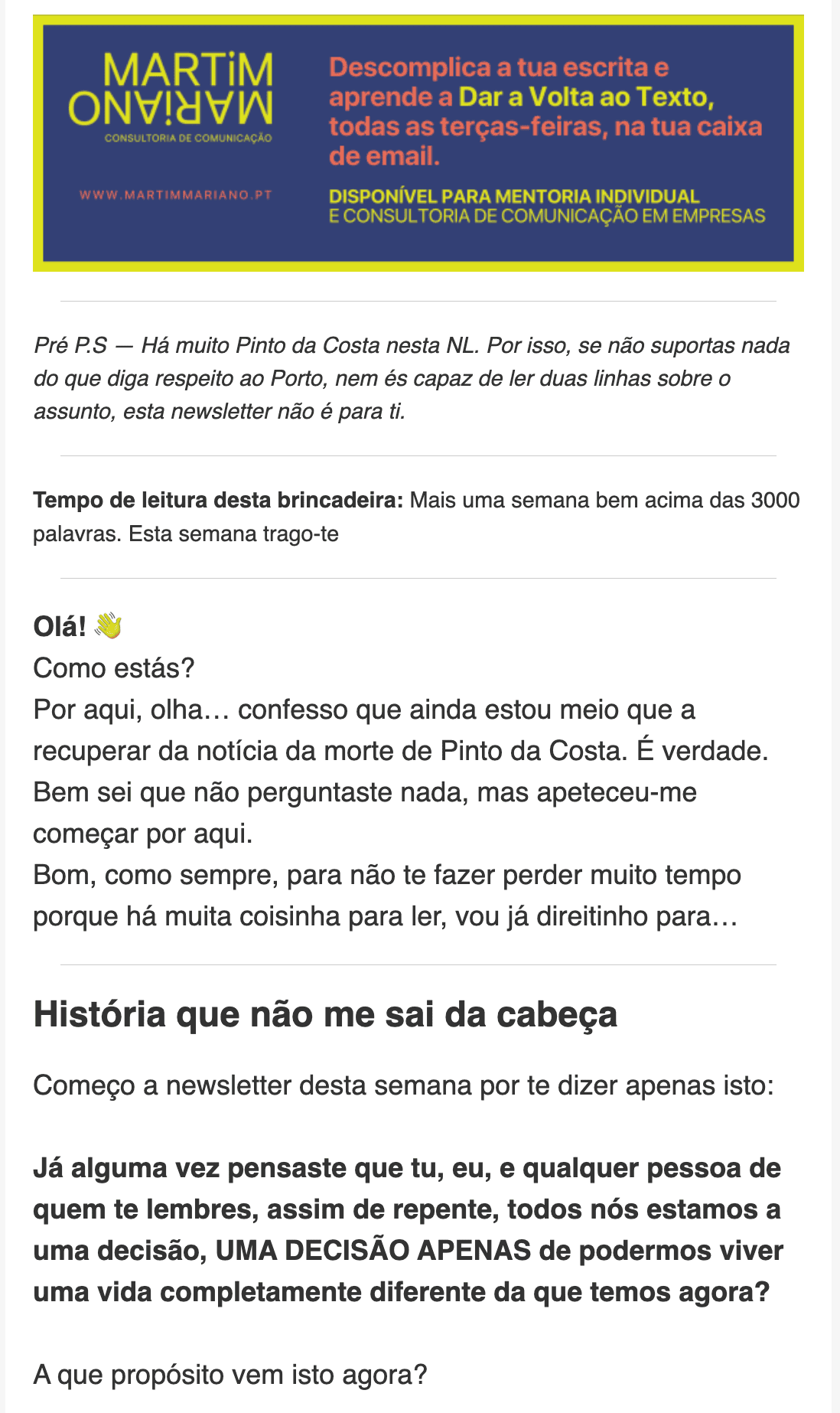 Example of email newsletter with text blocks