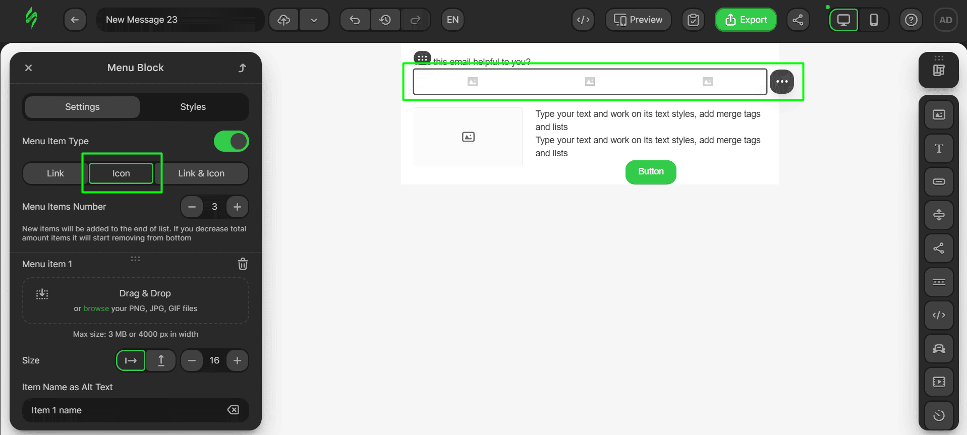Turning menu items into icons Turning menu items into icons