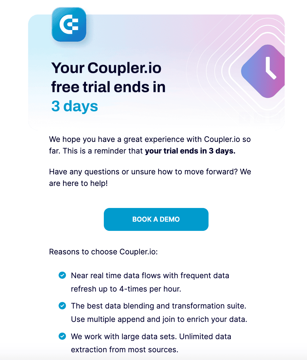Reminder email example from Coupler.io