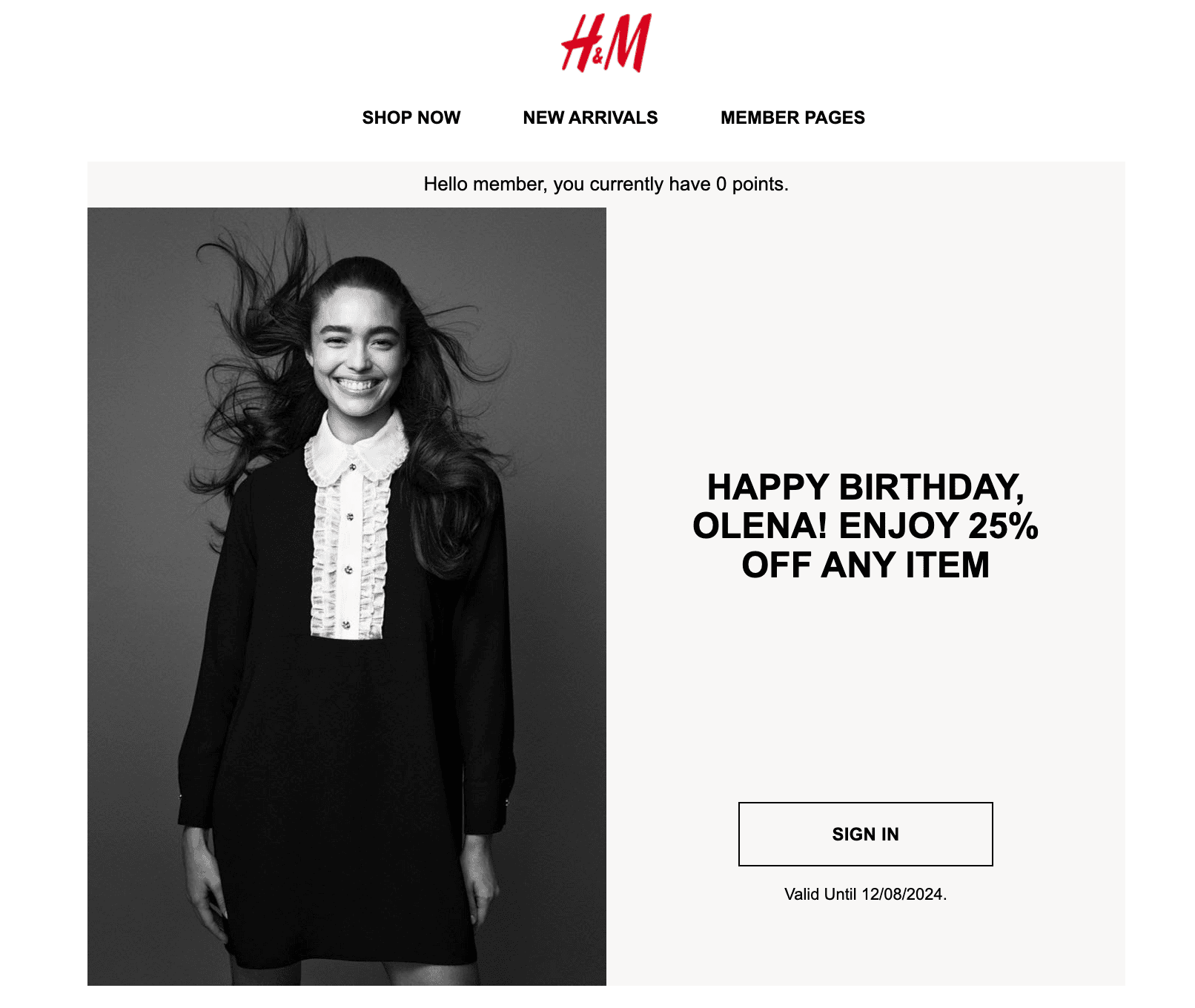 Birthday email with a discount from H&M