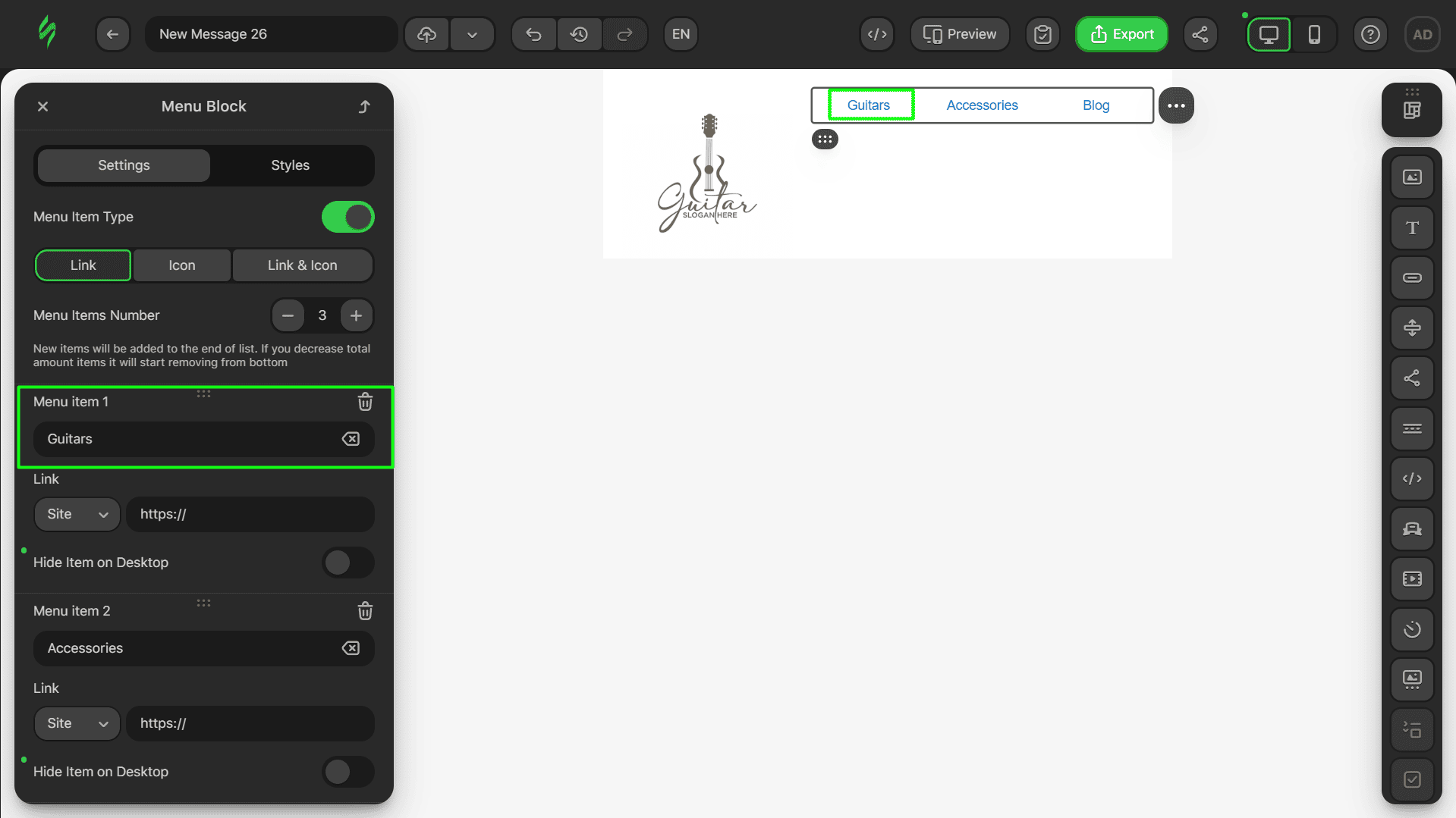 Changing menu items Changing menu items
