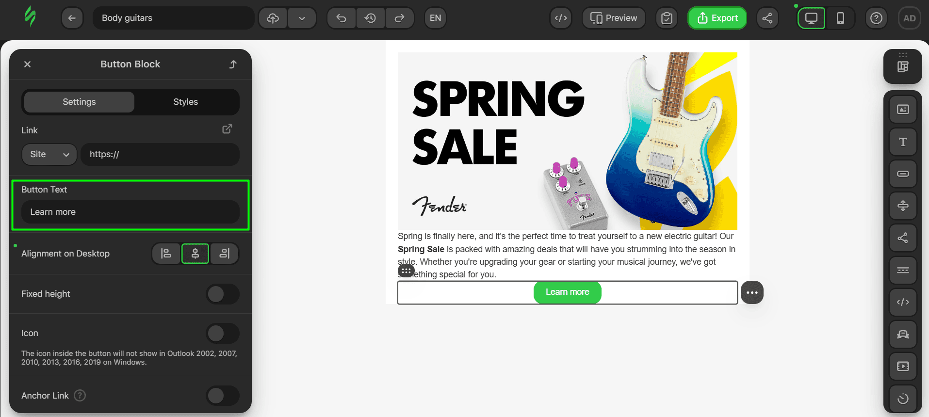 Adding text to the Button block Adding text to the Button block