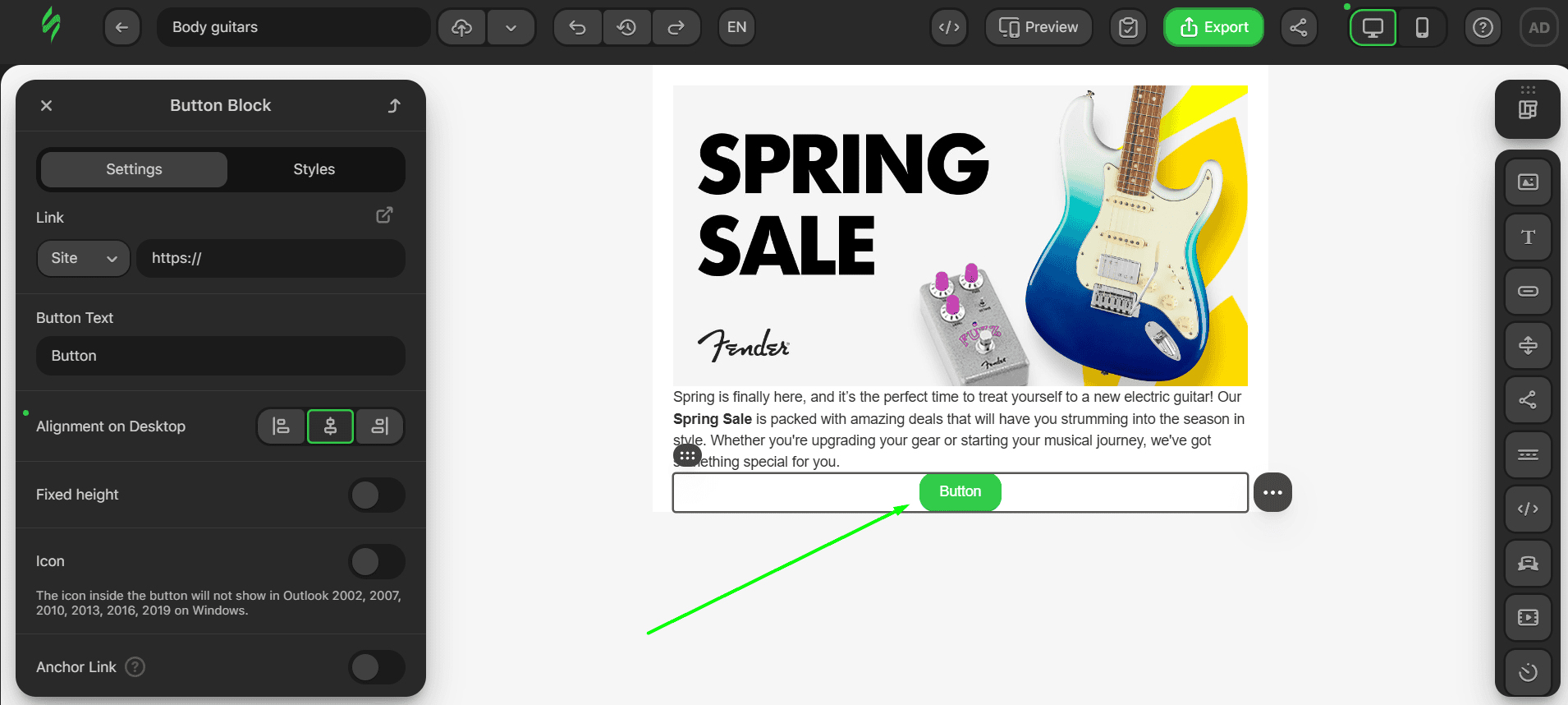 Opening button settings Opening button settings