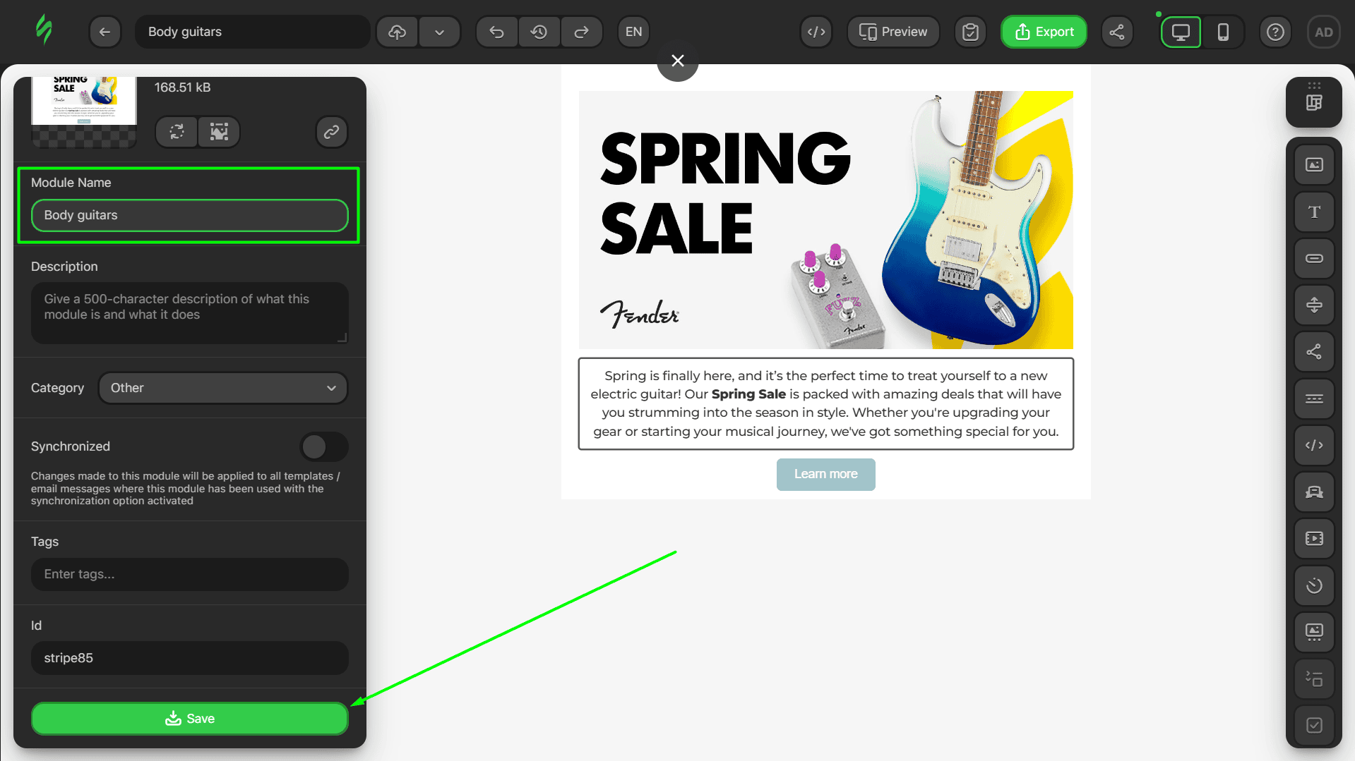 Adding a name and saving the module Adding a name and saving the module