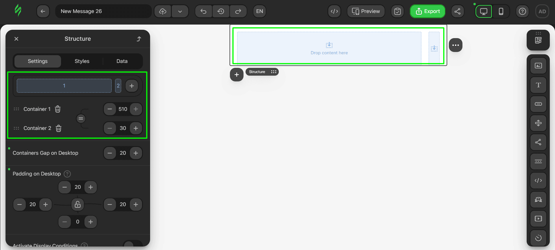 Container settings Container settings