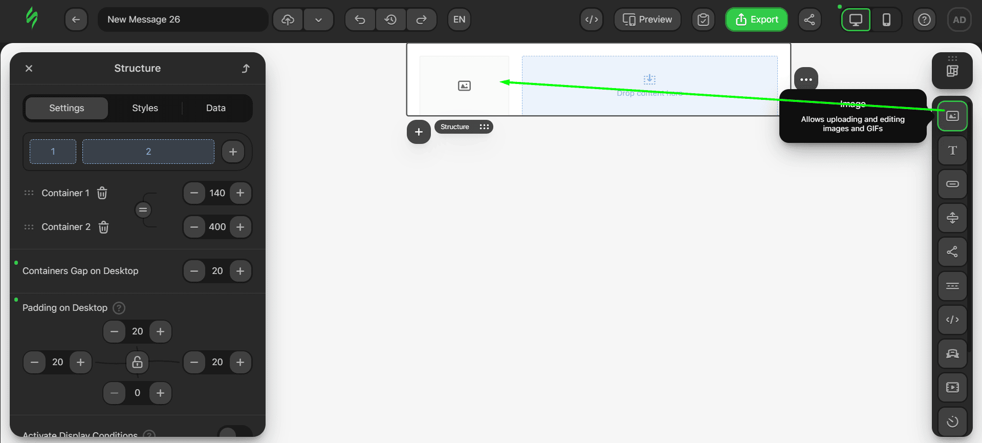 Adding an Image block to the container Adding an Image block to the container