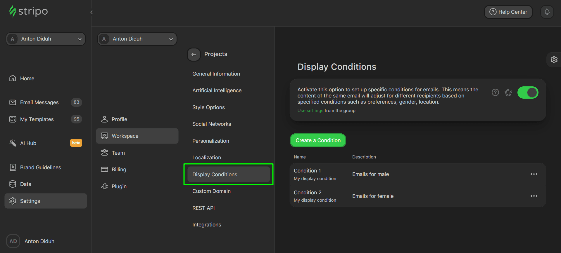Display conditions settings Display conditions settings