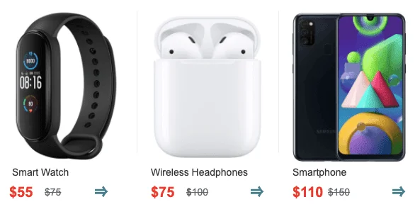 Row of product cards for promotional emails Row of product cards for promotional emails