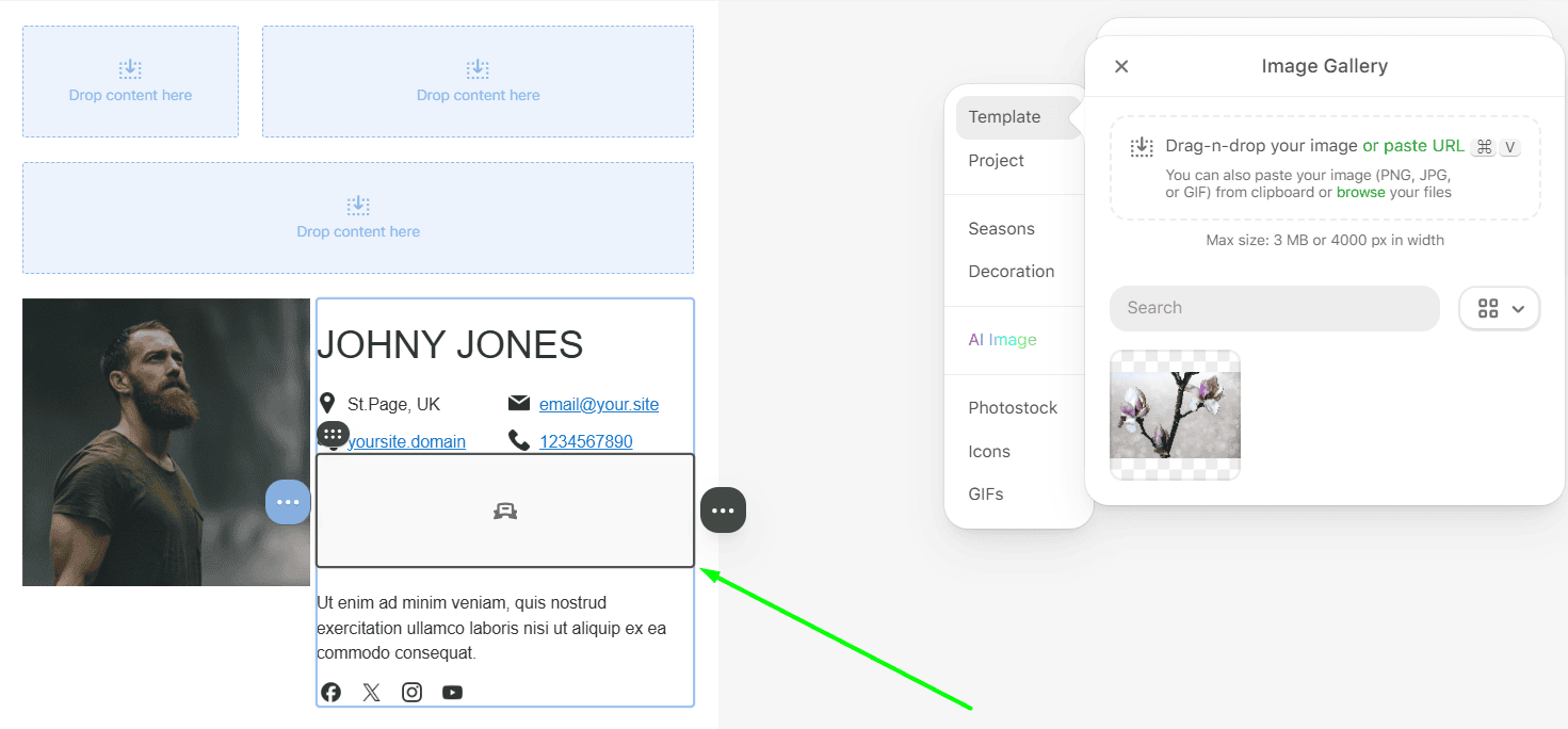 The banner and its settings inside the template editor The banner and its settings inside the template editor