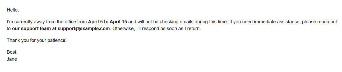 An out-of-office without a professional email signature