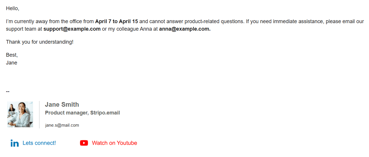 An out-of-office with a professional email signature