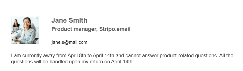 An out-of-office email signature with start and end dates