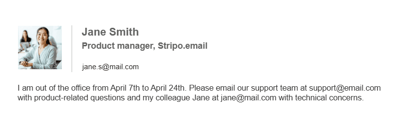 An out-of-office email signature with alternative contact information