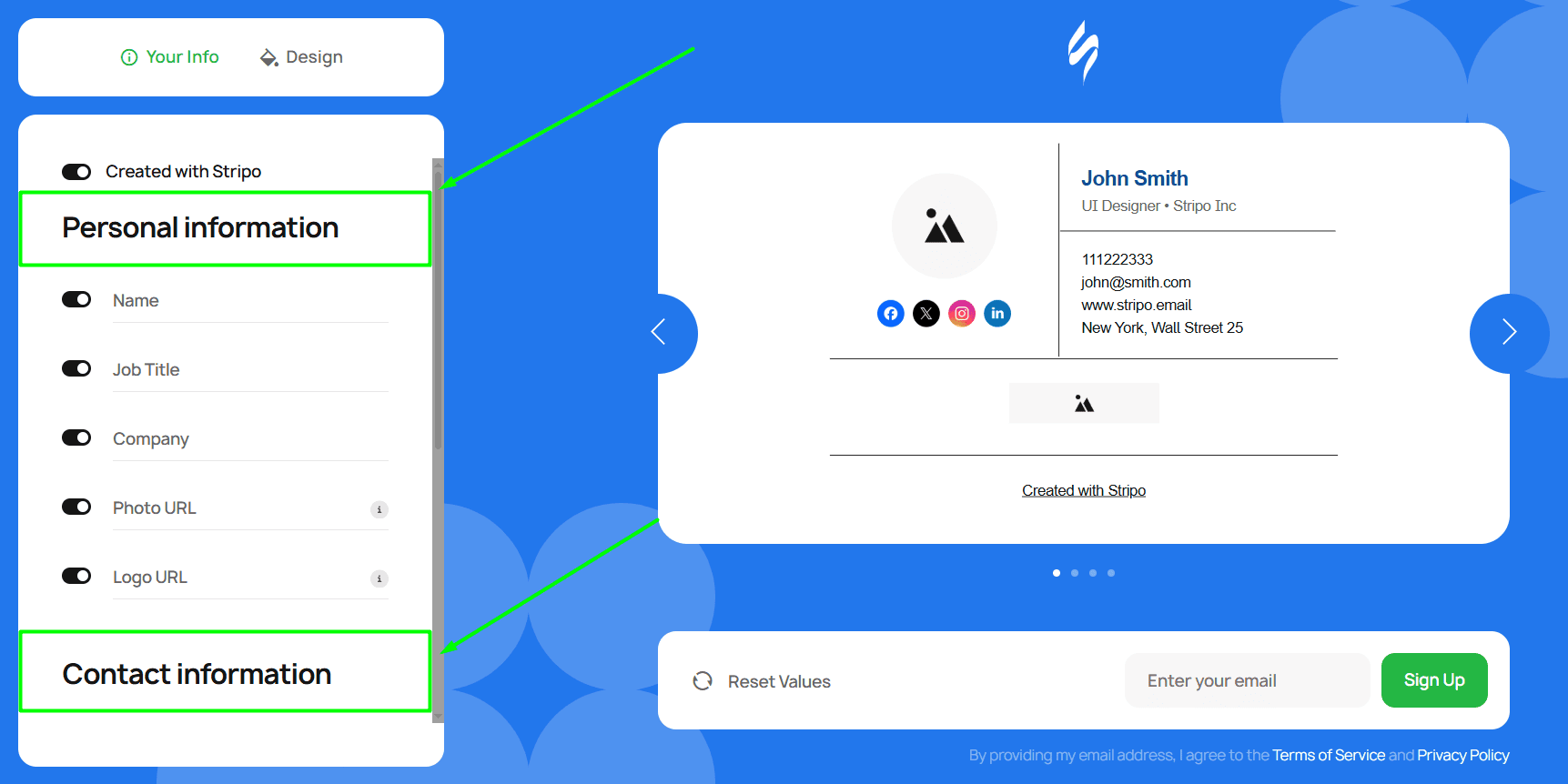 The Personal information and Contact information fields of the Email Signature Generator