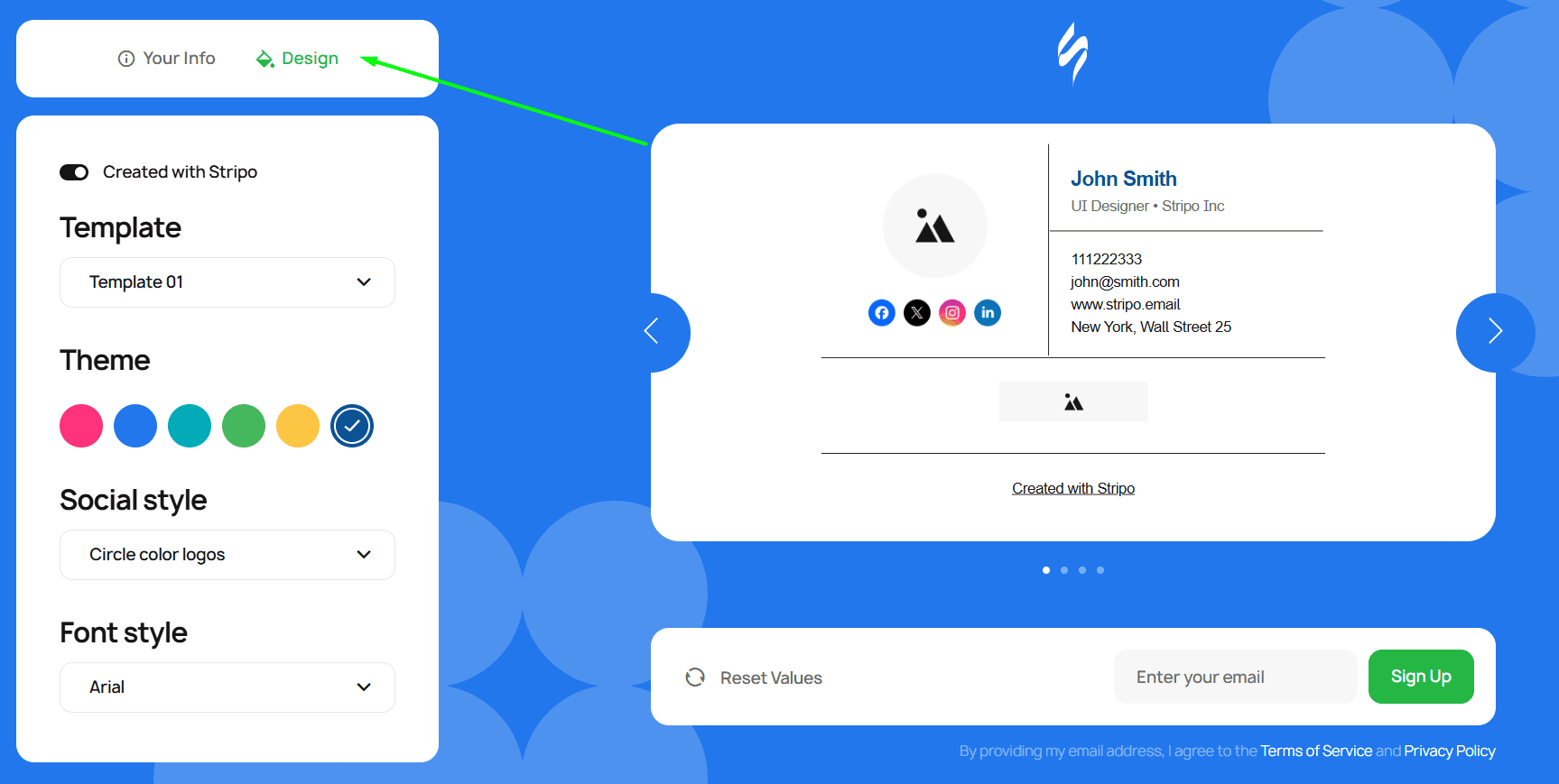 The Design section of the Email Signature Generator