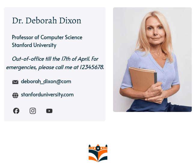 An out-of-office email signature with branding elements