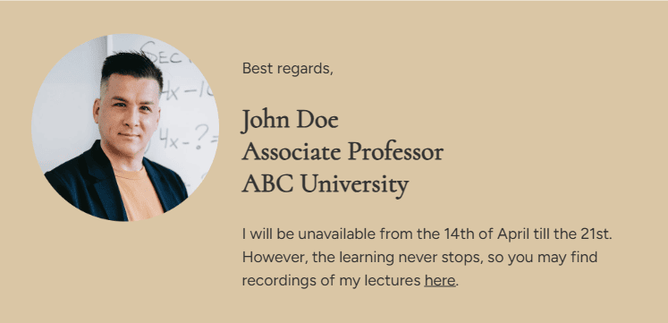 An out-of-office email signature with help materials