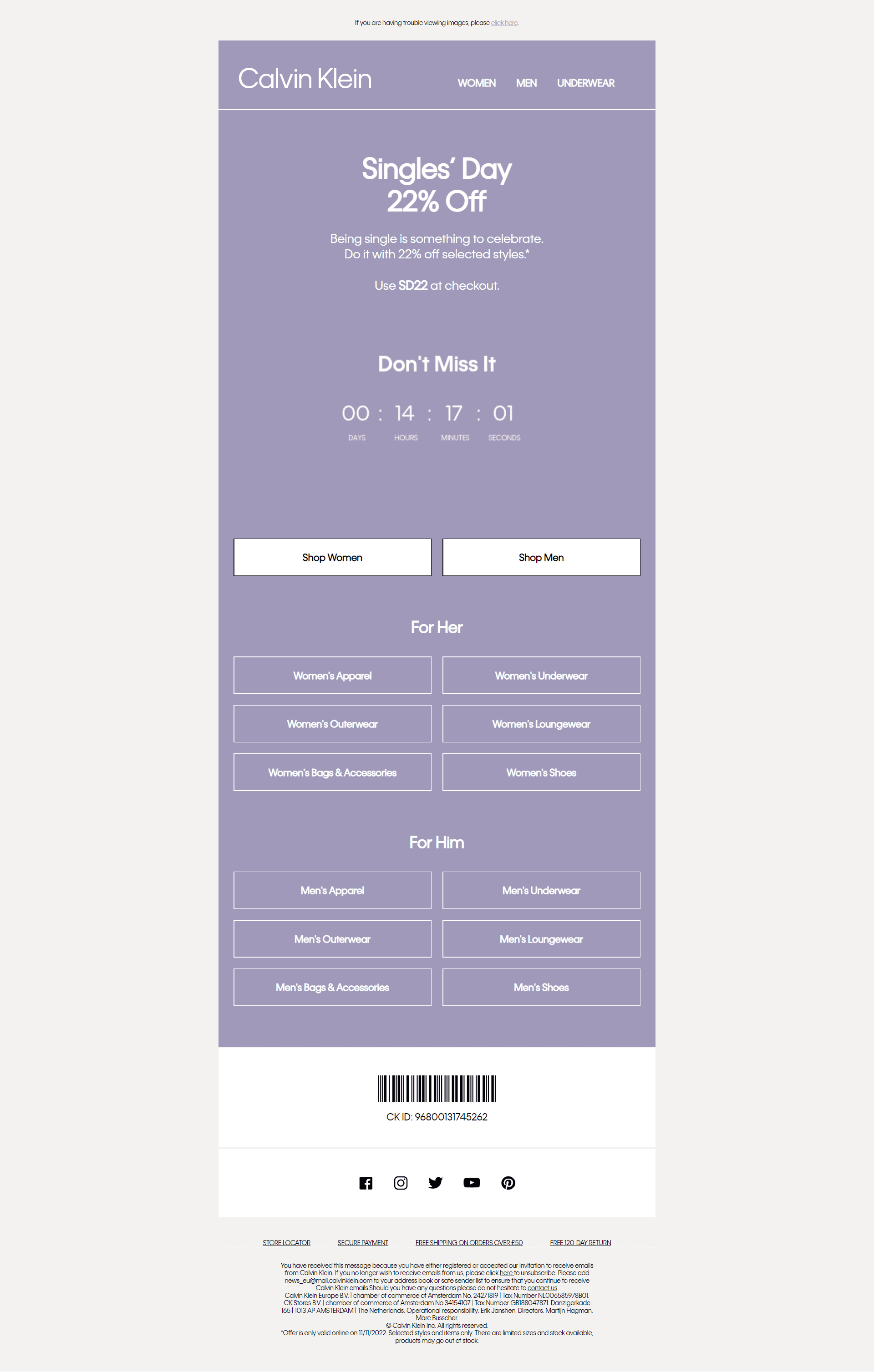 Calvin Klein Singles Day email example Calvin Klein Singles Day email example