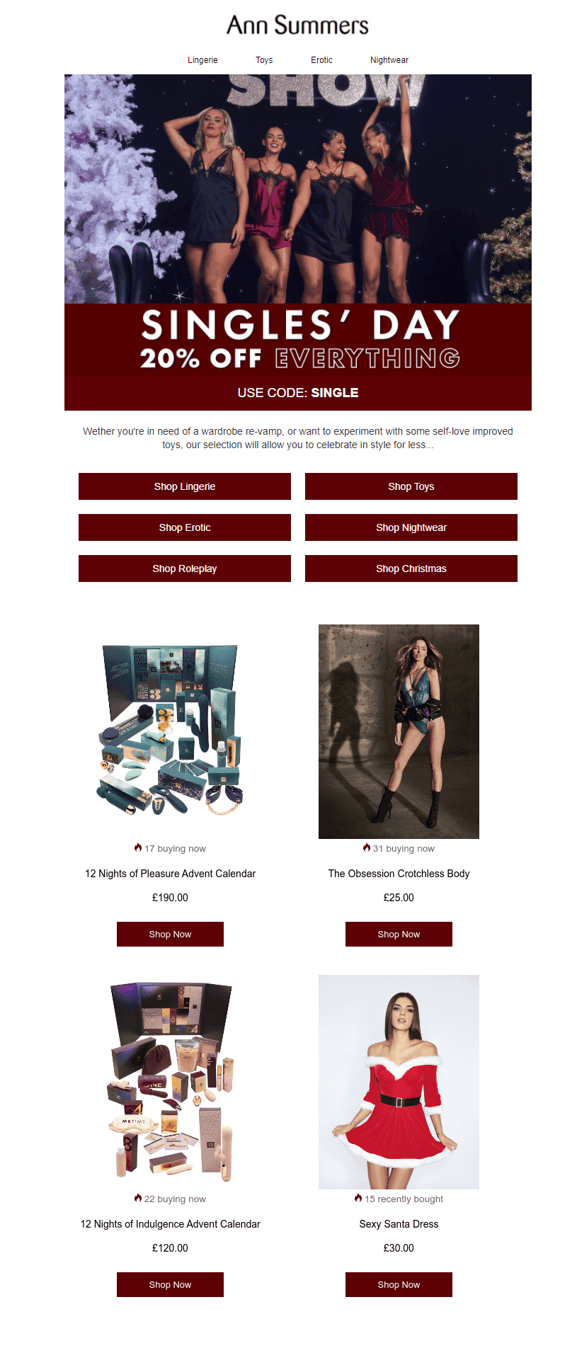 Ann Summers singles day email example Ann Summers singles day email example