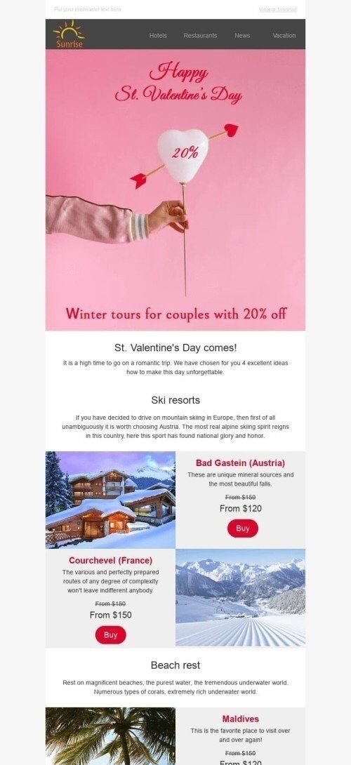 Valentine’s Day Email Template "Winter Adventure" for Tourism industry mobile view